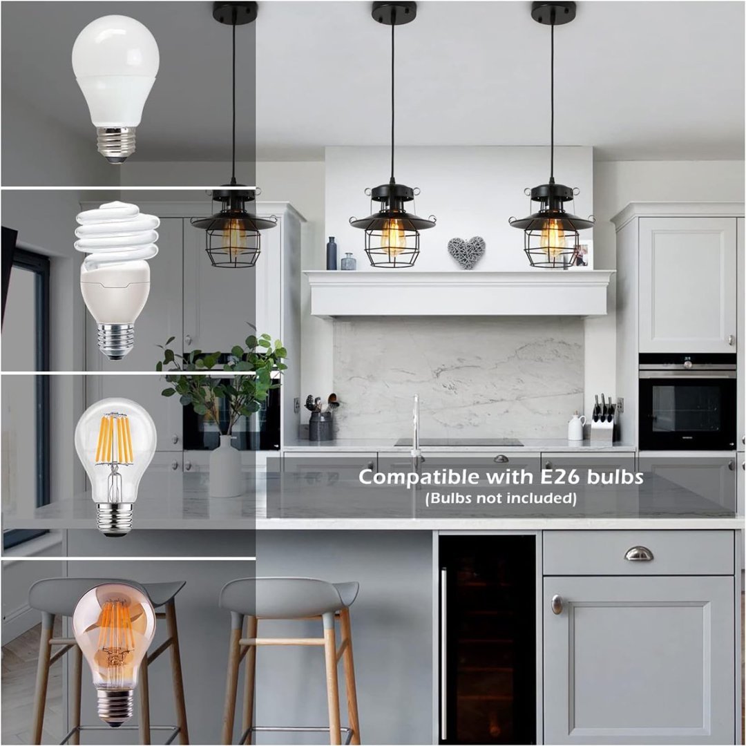 Vintage Farmhouse Pendant Light Rustic Metal Caged Pendant Lights Black Cage Hanging Lamp For Kitchen Island Entryy Bedrooms Living Room Barn,Adjustable Height,E26 Bulb 1 Light