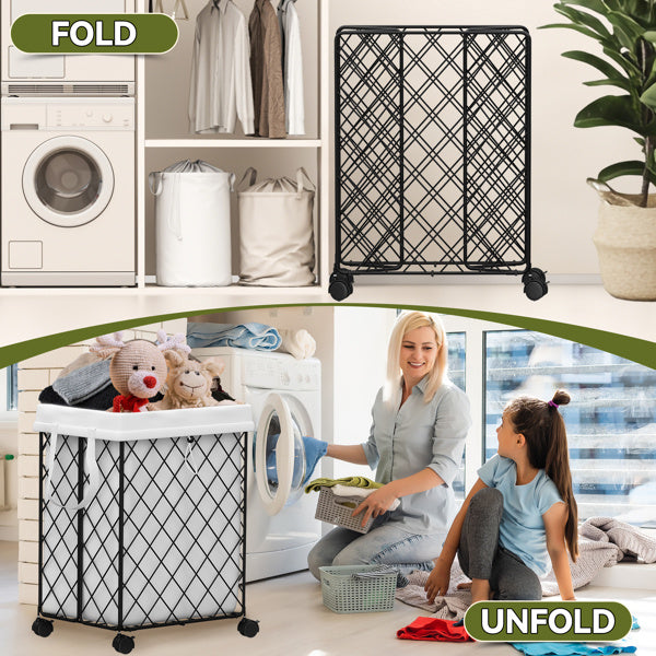 Laundry Basket On Wheels, Removable And Washable Lining, Metal Frame, Suitable For Bedroom, Bathroom, Laundry, White