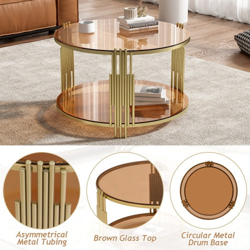 Modern Brown Glass Coffee Table, Asymmetrical Metal, Circular Metal Drum Base, Gold Finish Lower Shelf