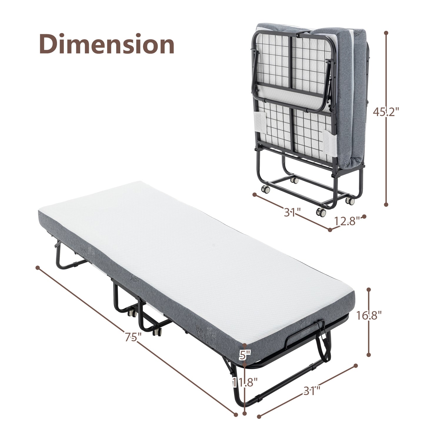 Folding Bed Cot With Mattress For Adults, Foldable Metal Frame Bed For Guest With Memory Foam Mattress On Wheels, Saving Space Rollaway Bed