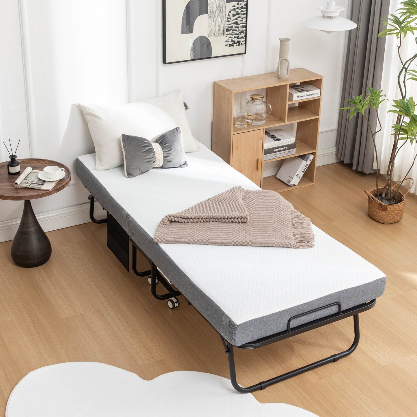 Folding Bed Cot With Mattress For Adults, Foldable Metal Frame Bed For Guest With Memory Foam Mattress On Wheels, Saving Space Rollaway Bed