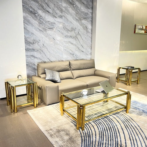 Modern Stainless Steel Coffee Table Set Set Of 3, Double-Layer Clear Tempered Glass Table Top, Coffee Table Two End Side Table 3-Pieces Sets For Living Room Home Office