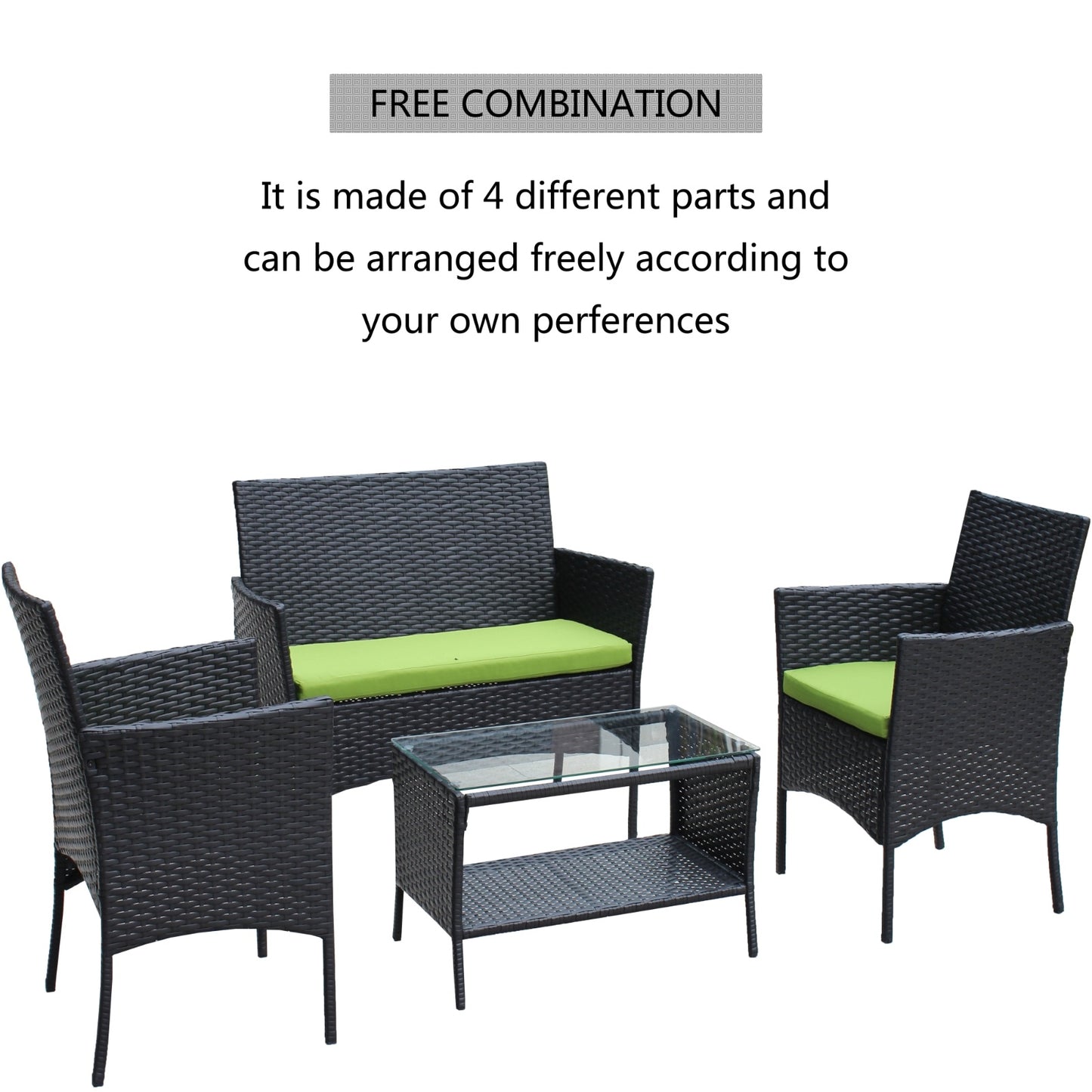 4PC Rattan Patio Furniture Set Outdoor Wicker Sofa W Green Cushions