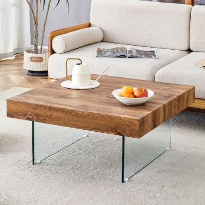 Natural Style Square MDF Coffee Table 31.5x31.5 With Tempered Glass Legs.Density Board Sticker,Reinforced Glass