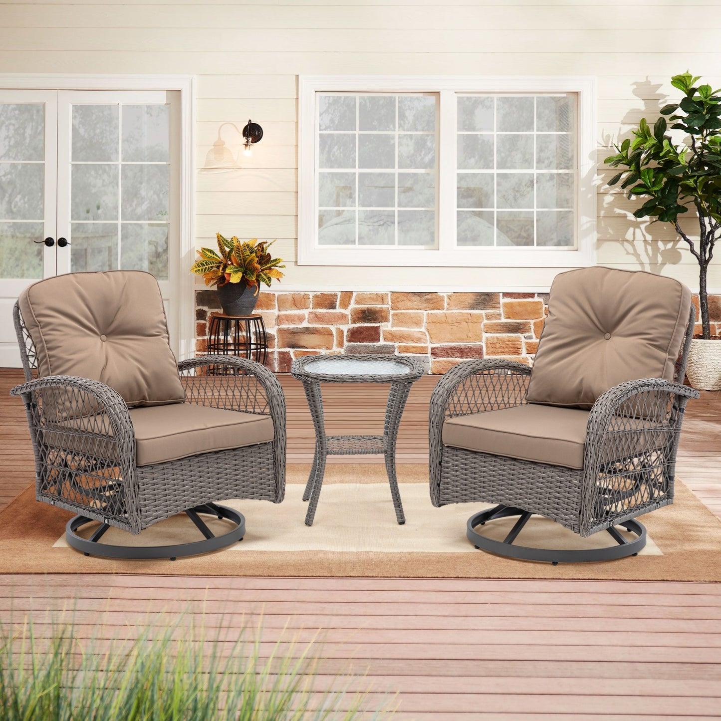3pc Outdoor Swivel Rocker Chairs, 360 Rocking Patio Set With Thick Cushions