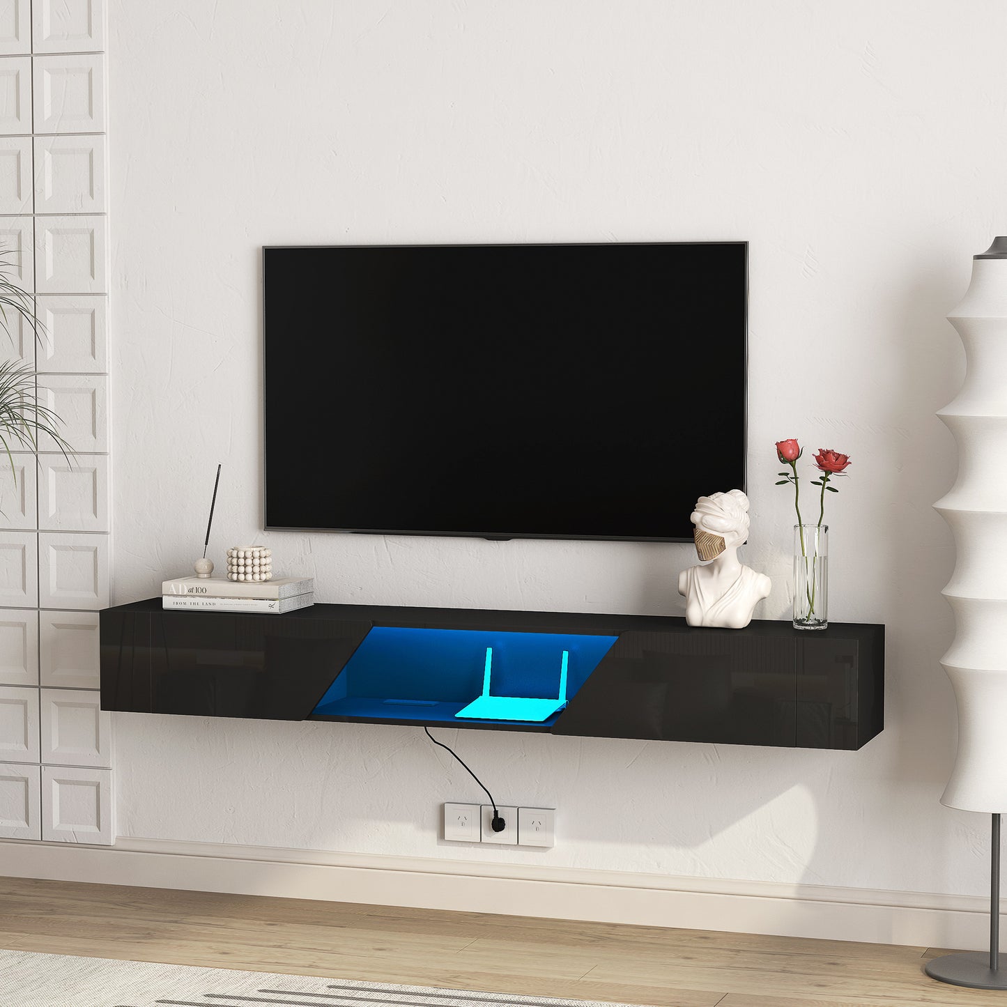 Floating TV Stand Wall Mounted With 16 Color LEDs, Modern TV Stand, Floating TV Cabinet Entertainment Center For 55 60 65 Inch TV,Black