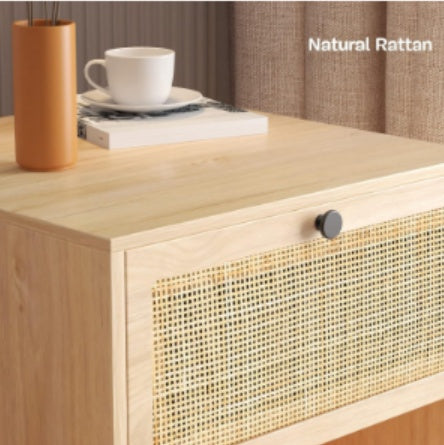 Wooden Nightstand With Woven Rattan Drawer Front - Stylish & Functional, Perfect For Home Decor