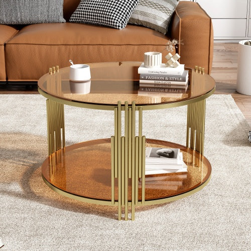 Modern Brown Glass Coffee Table, Asymmetrical Metal, Circular Metal Drum Base, Gold Finish Lower Shelf