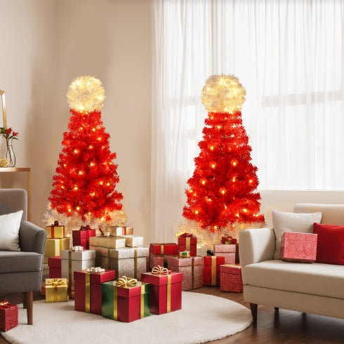 Lighted Santa Hat Style Christmas Tree Set Of 2, 4ft Artificial Tree With Warm White Lights, Christmas Tree For Decoration Inside And Outside