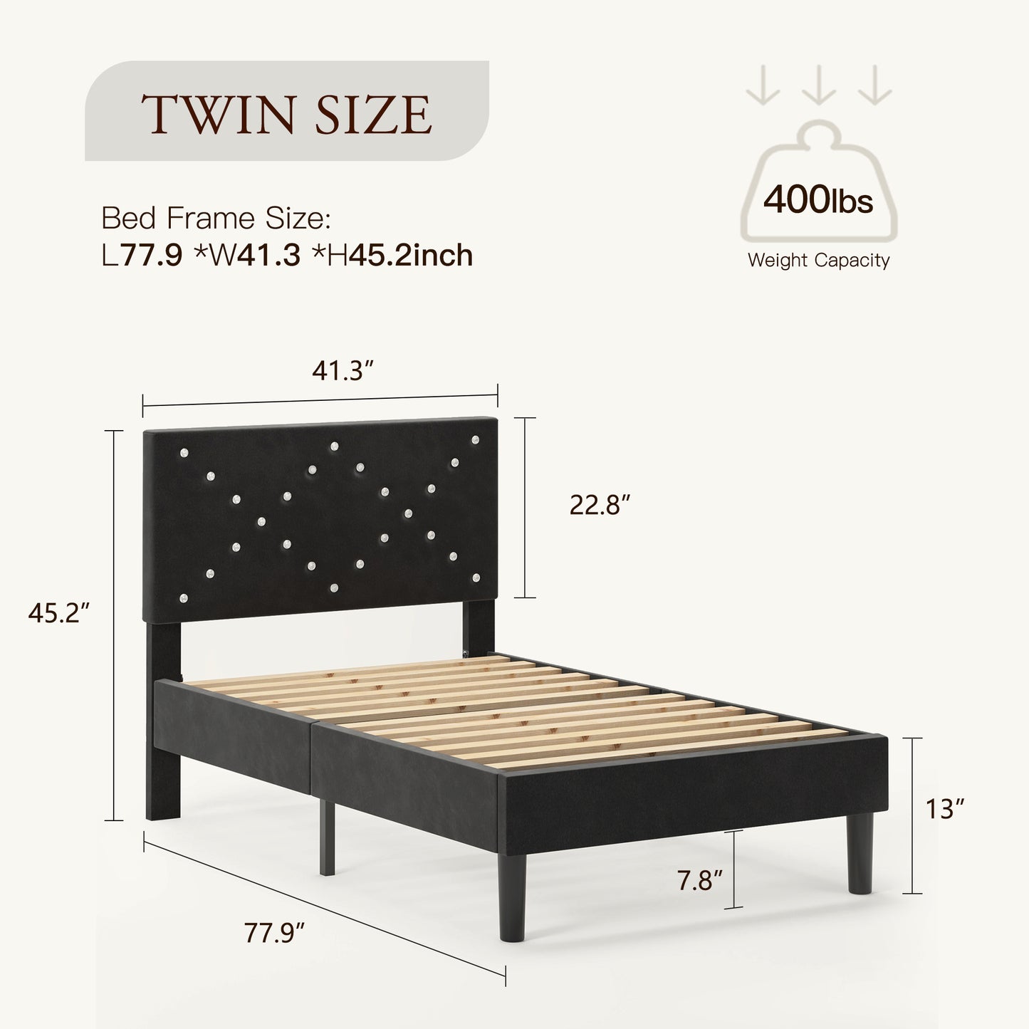 Modern Platform Bed Frame With Upholstered Headboard & Wooden Slats - No Box Spring Needed, Easy Assembly, Black