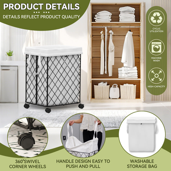Laundry Basket On Wheels, Removable And Washable Lining, Metal Frame, Suitable For Bedroom, Bathroom, Laundry, White