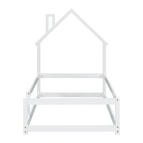 Twin Size Wood Bed With House-shaped Headboard Floor Bed With Fences,White
