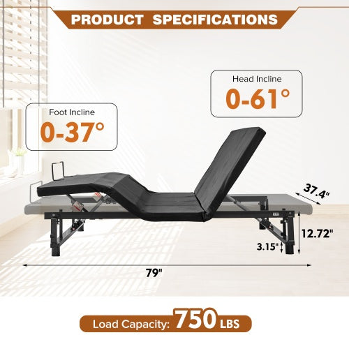 Adjustable Bed Base Frame Head And Foot Incline Quiet Motor Twin XL Size Zero Gravity