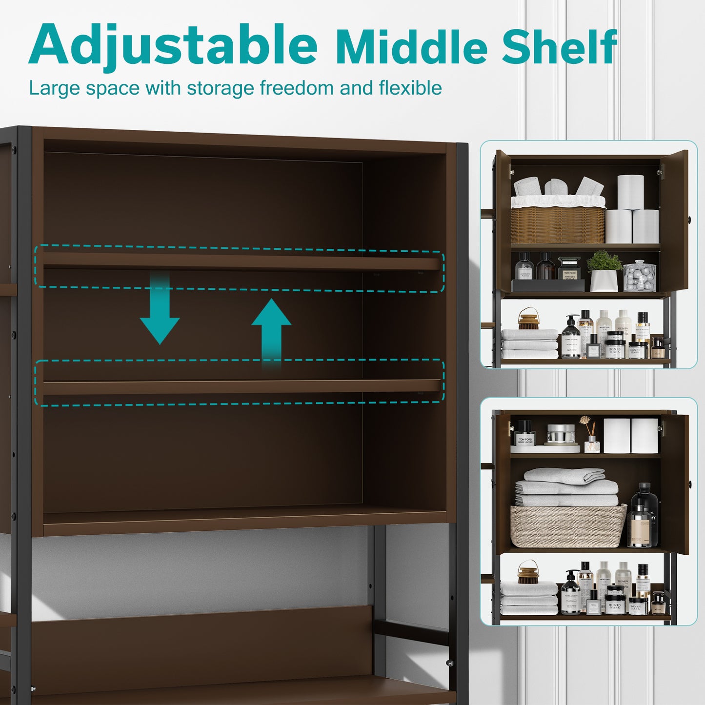 Toilet Storage Cabinet With 4 Layers Of Side Adjustable Storage Racks, Anti-slip Freestanding Toilet Organizer With Hooks, Suitable For Bathrooms, Laundry Rooms, In Brown.