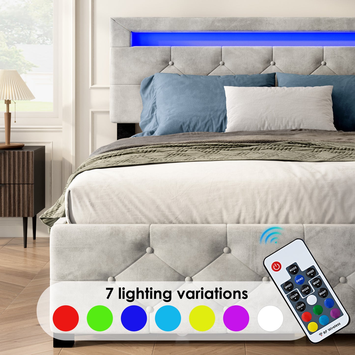 Upholstered Platform Storage Bed Frame With 4 Drawers And LED Light,No Box Spring Needed