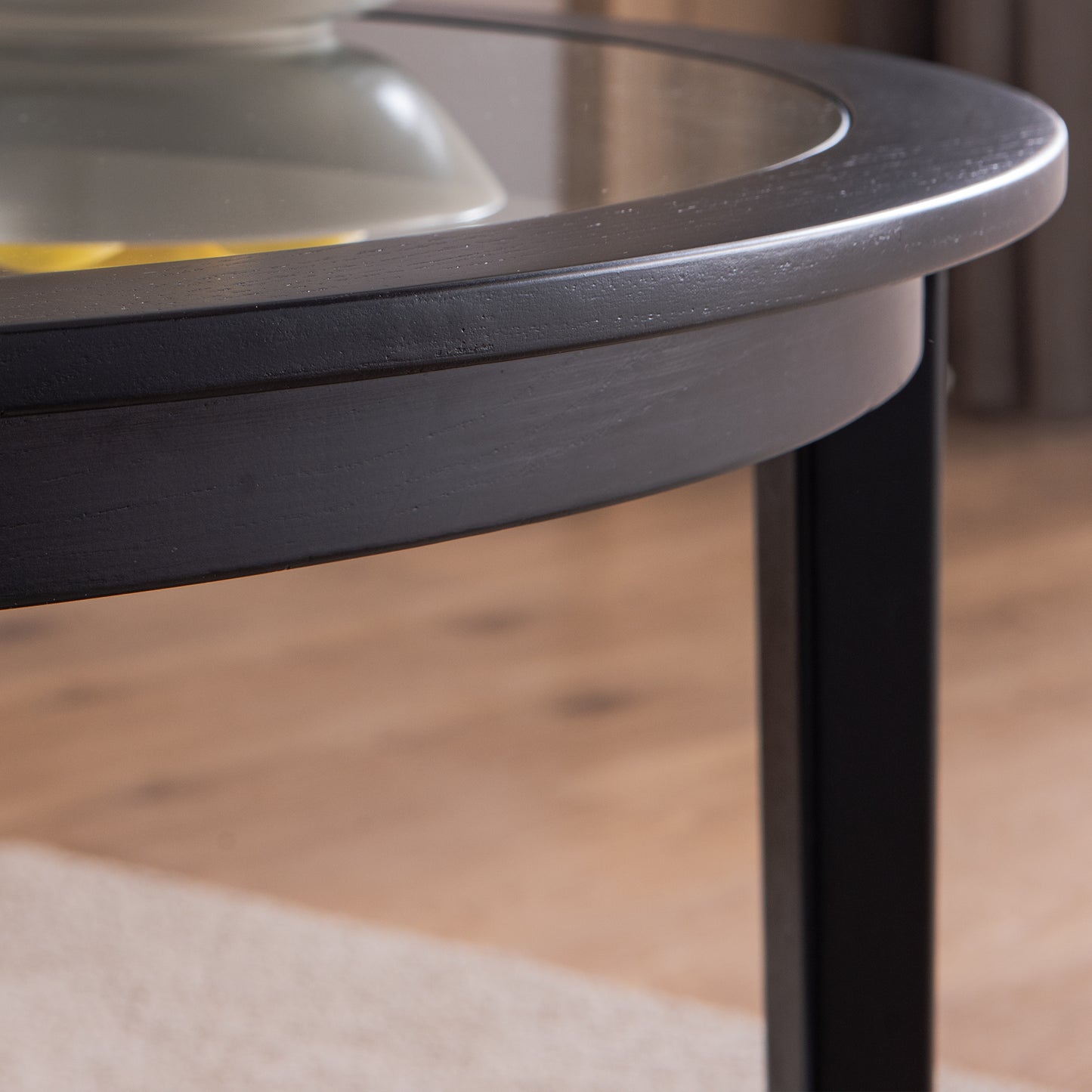Round Glass Topped Solid Wood Storage Coffee Table, Black
