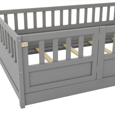 Twin Size Floor Bed, Integral Construction With Super High Security Barrier, Door, Children's Floor Bed Frame, Montessori Wooden Children's Floor Bed, Support Slat White