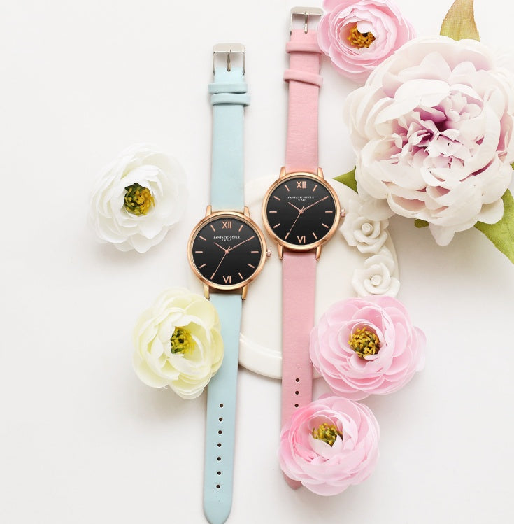 PU leather strap rose gold fashion casual fashion watch ladies black dial watch female models