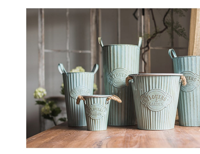 Vintage blue tin flower pot flower pot