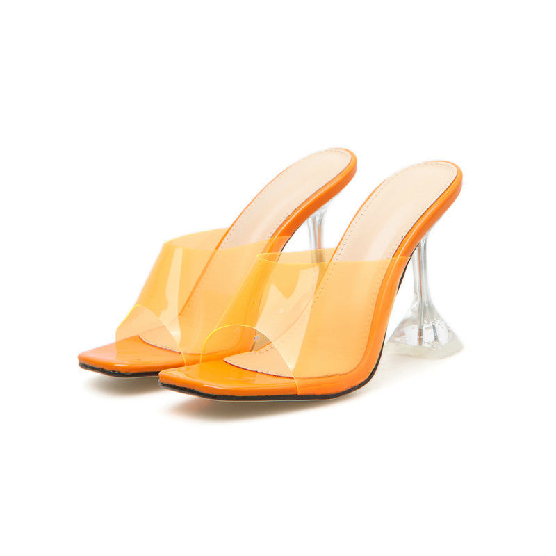 Square head transparent ladies slippers