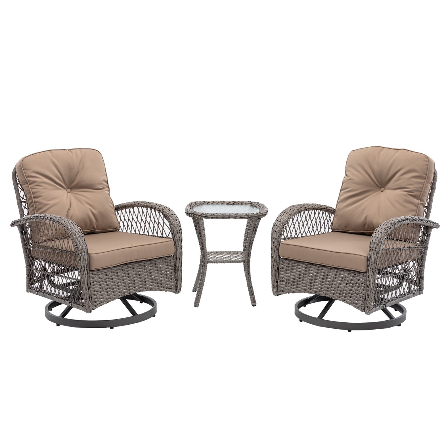 3pc Outdoor Swivel Rocker Chairs, 360  Rocking Patio Set With Thick Cushions