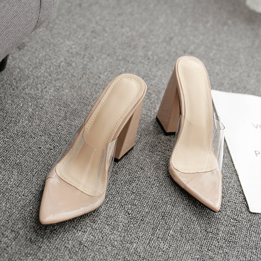 Transparent Film Pointed Thick Heel Slippers