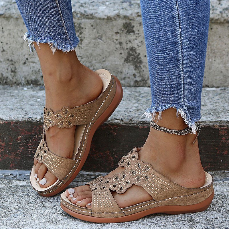 Rhinestone Casual Slope Heel Slippers