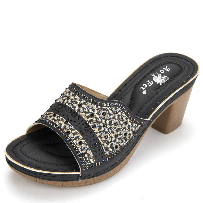 Summer New Style High-Heeled Shoes Ethnic Wind Rhinestone Thick Heel Totem Cross-Border Ladies Sandals Comfortable Slippers Large Size