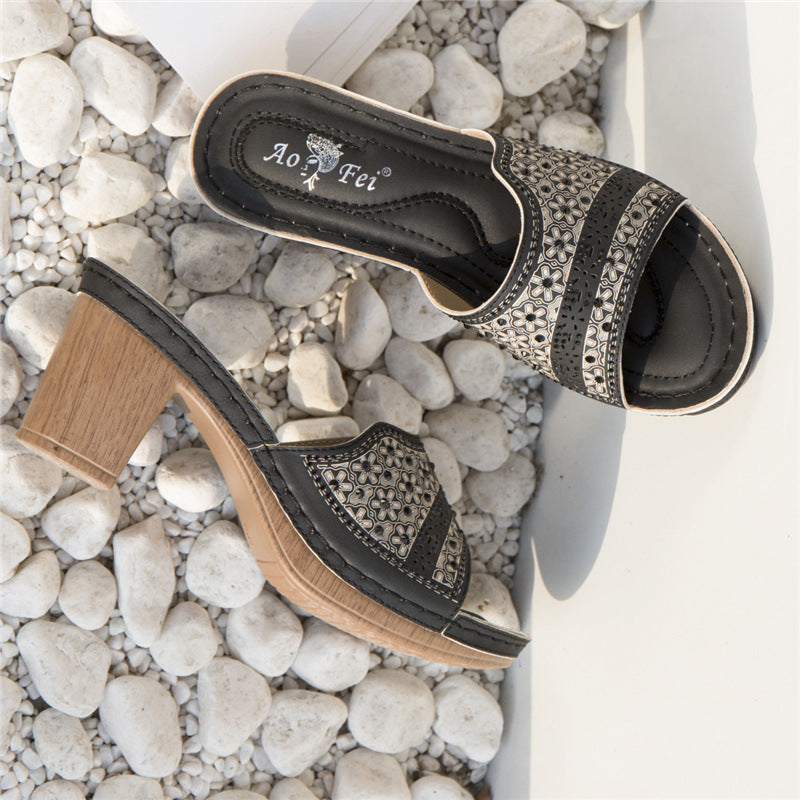 Summer New Style High-Heeled Shoes Ethnic Wind Rhinestone Thick Heel Totem Cross-Border Ladies Sandals Comfortable Slippers Large Size