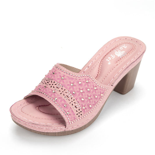 Summer New Style High-Heeled Shoes Ethnic Wind Rhinestone Thick Heel Totem Cross-Border Ladies Sandals Comfortable Slippers Large Size