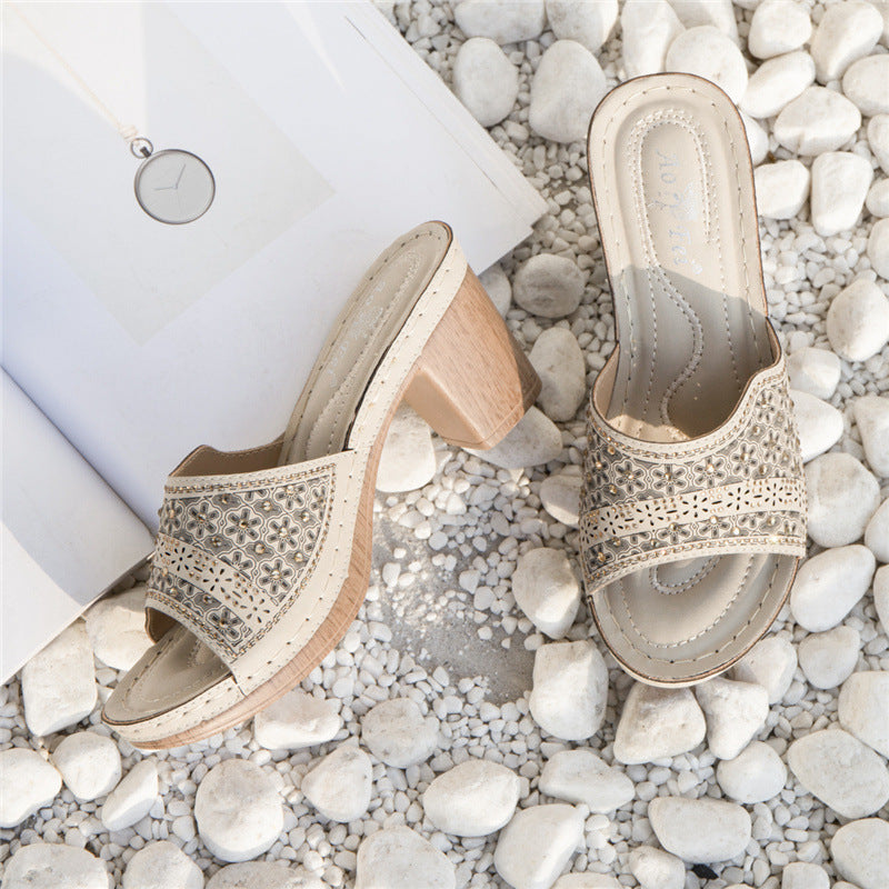 Summer New Style High-Heeled Shoes Ethnic Wind Rhinestone Thick Heel Totem Cross-Border Ladies Sandals Comfortable Slippers Large Size
