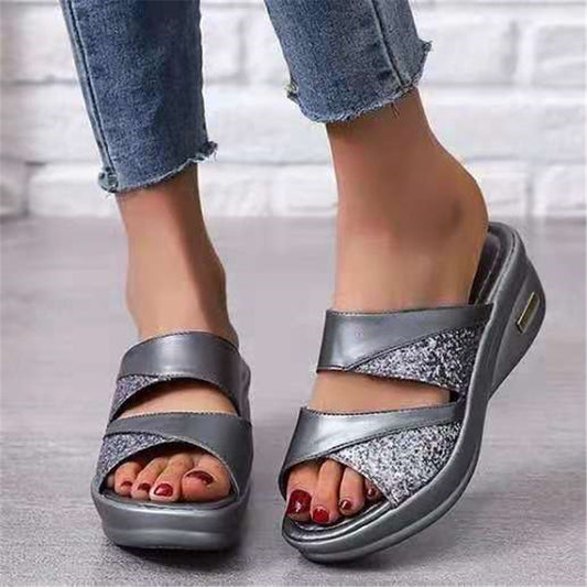 Wedge Heel Sequined Slippers, Medium Heel Large Size Women's Fish Mouth Sandals And Slippers