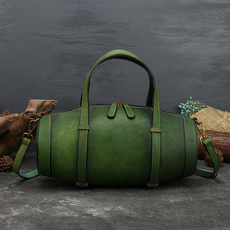 New Style Leather Handbags Solid Color Retro Top Layer Cowhide Bucket Bag