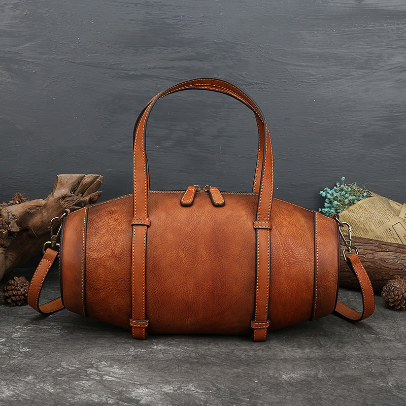 New Style Leather Handbags Solid Color Retro Top Layer Cowhide Bucket Bag