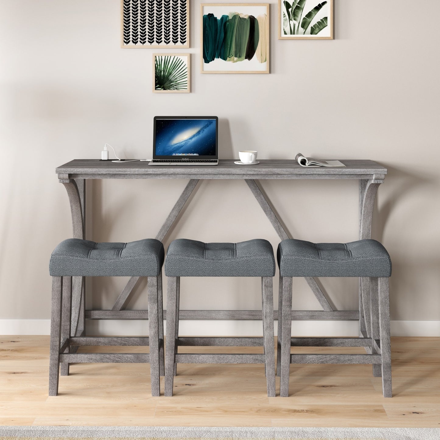 Bar Table Set With Power Outlet, Bar Table And Chairs Set, 4 Piece Dining Table Set, Industrial Brea