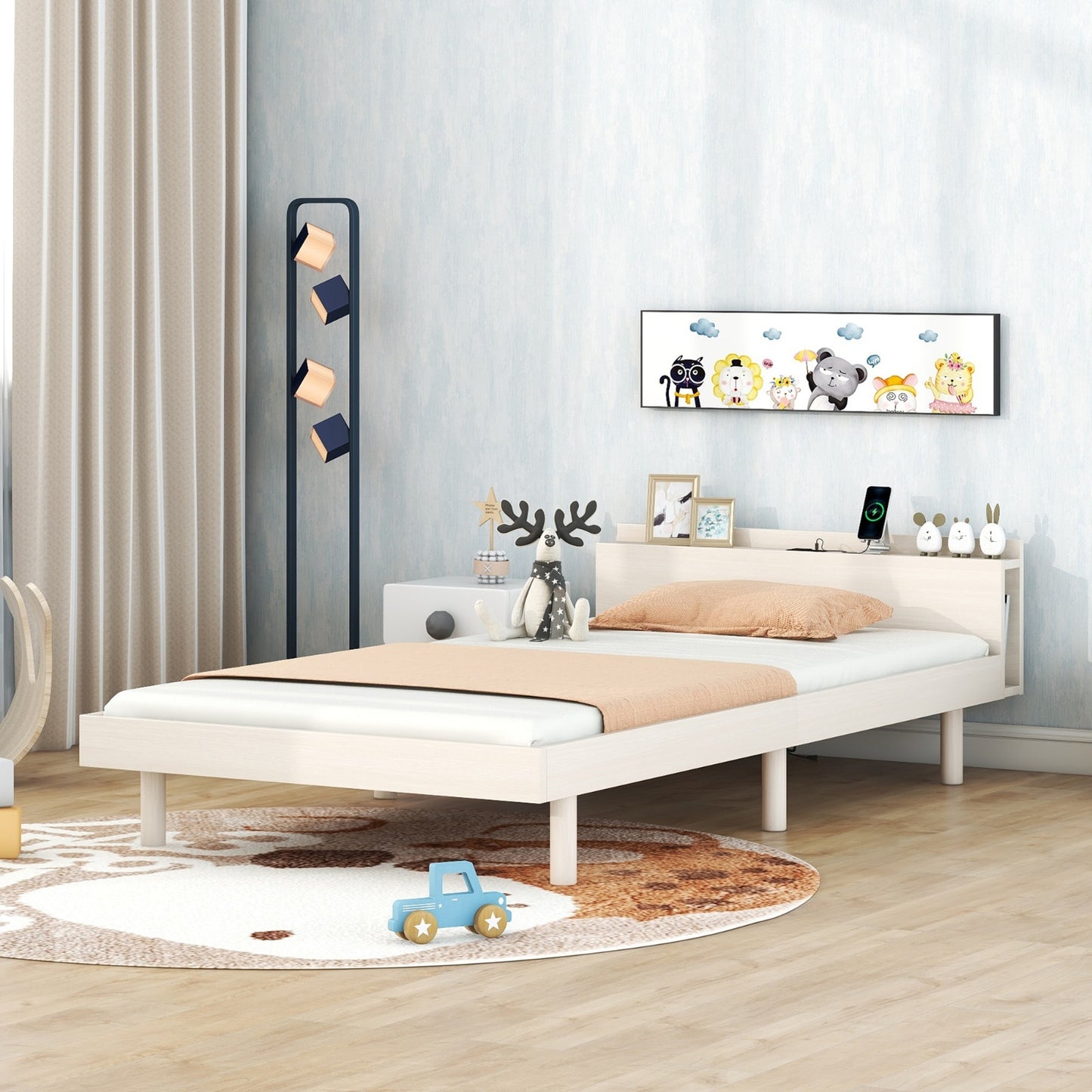 Modern Twin Platform Bed Frame With USB Ports, White Washed Color