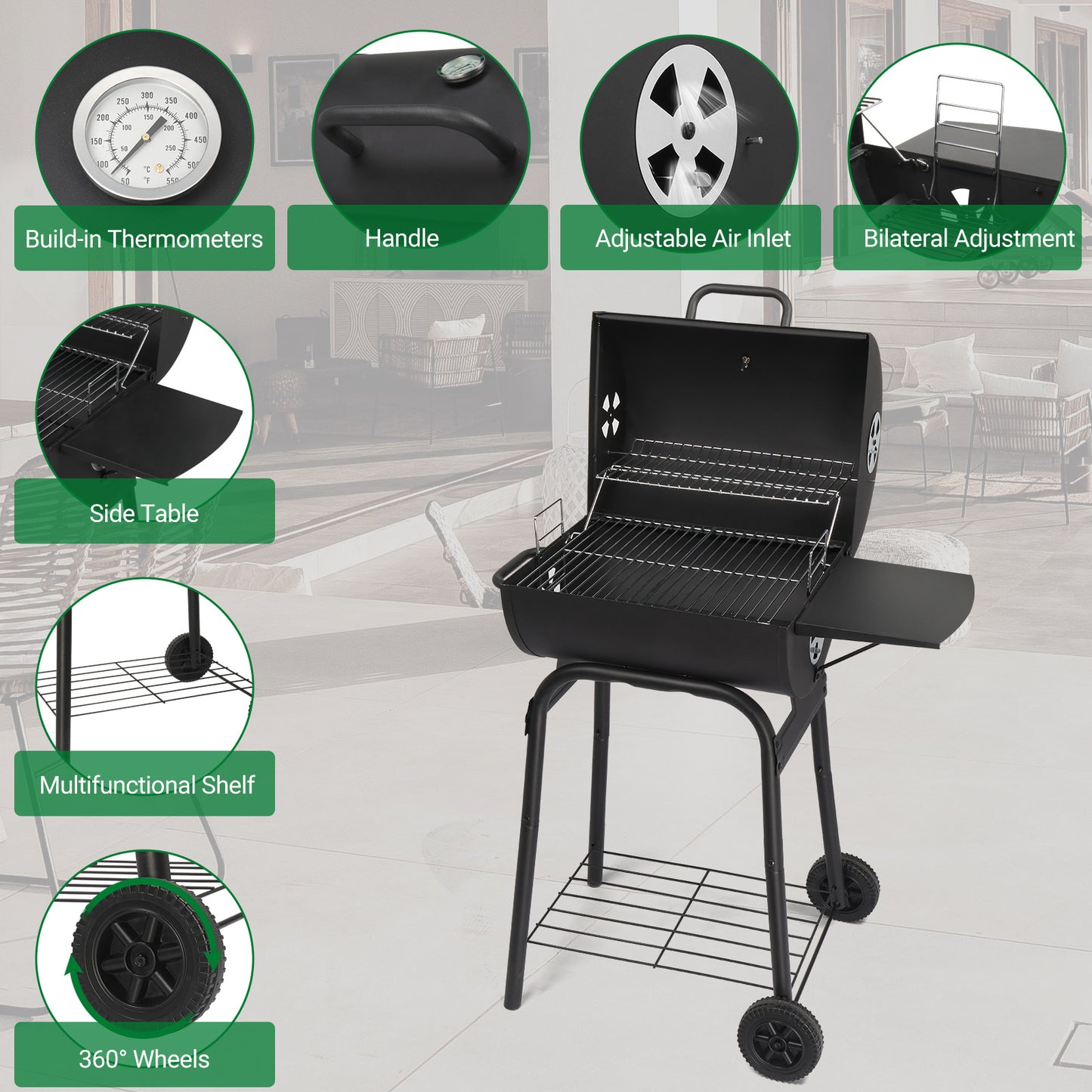 Black Cylinder With Side Panels And Wheels, High-temperature Powder Smoked Carbon Oven