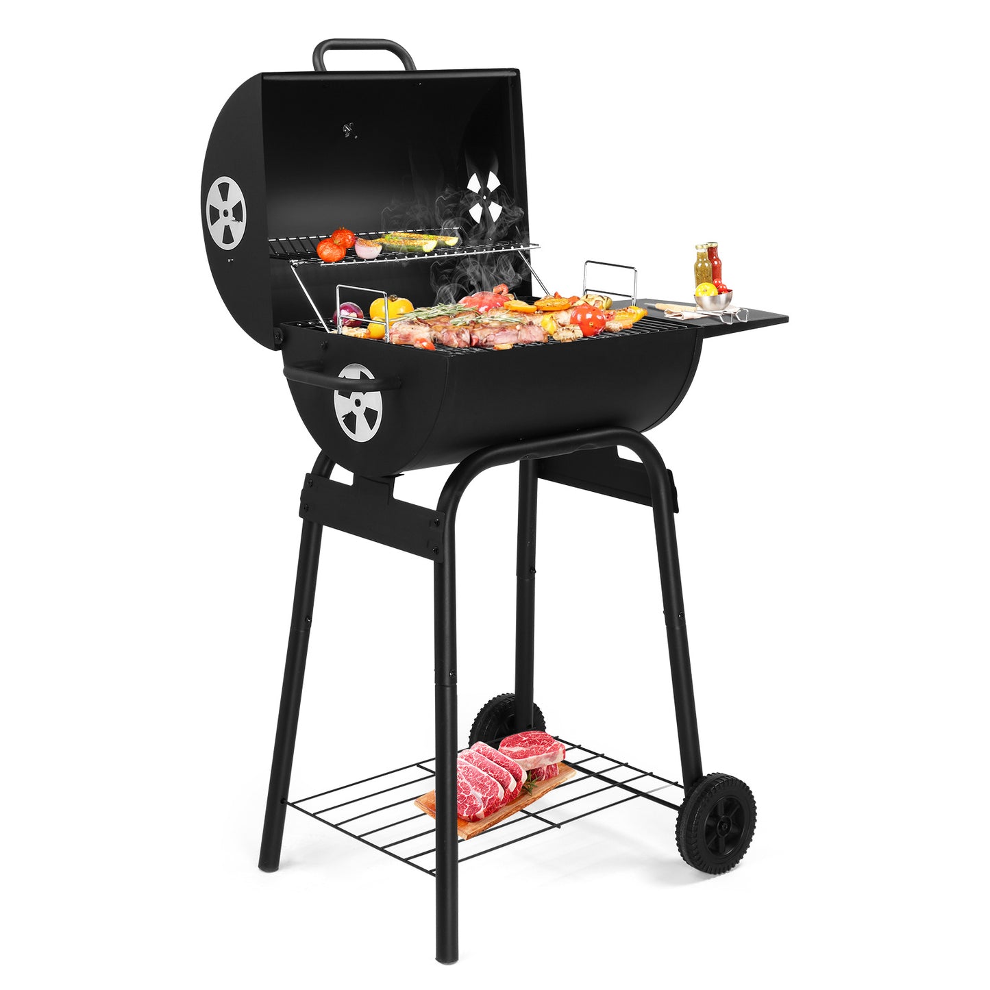 Black Cylinder With Side Panels And Wheels, High-temperature Powder Smoked Carbon Oven