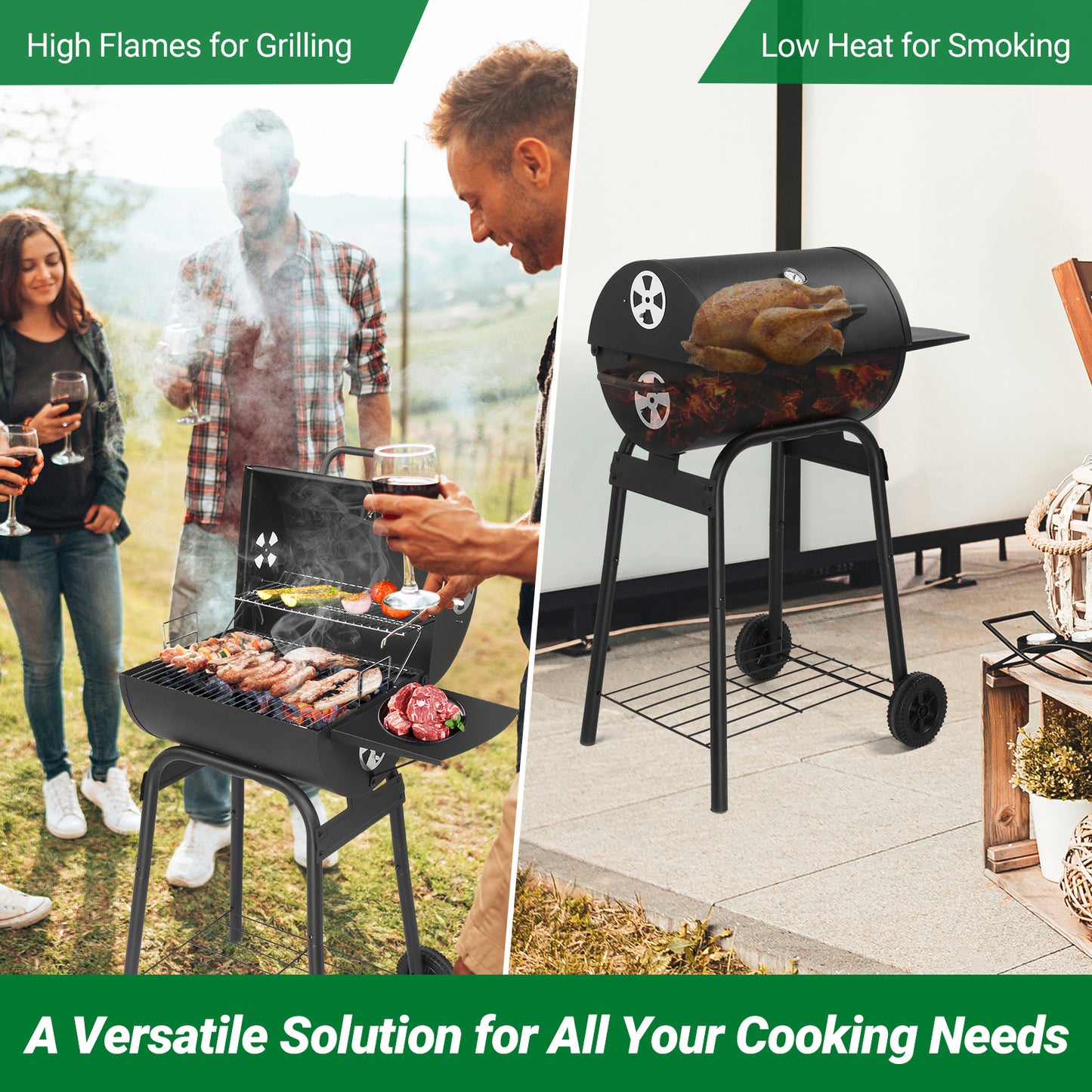 Black Cylinder With Side Panels And Wheels, High-temperature Powder Smoked Carbon Oven