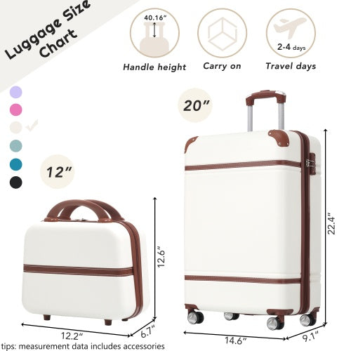 20 IN Hardside Luggage With Cosmetic Case , 2 Piece Lightweight Suitcase Set With Spinner Wheels, Carry On Vintage Luggage,White