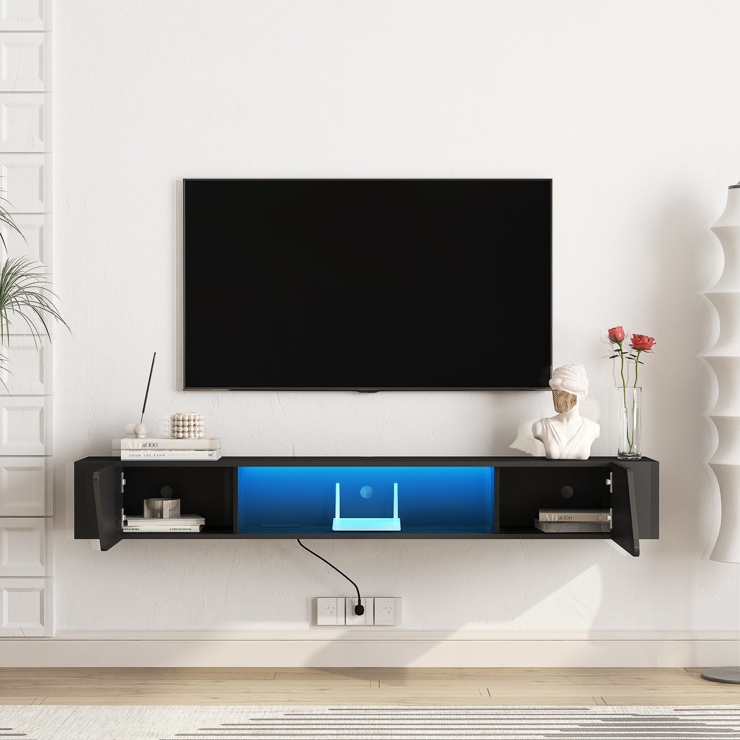 Floating TV Stand Wall Mounted With 16 Color LEDs, Modern TV Stand, Floating TV Cabinet Entertainment Center For 55 60 65 Inch TV,Black