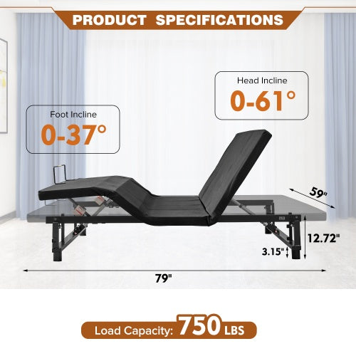 Adjustable Bed Base Frame Queen Bed Frame With Head And Foot Incline Wireless Remote Zero Gravity Quiet Motor Black Queen