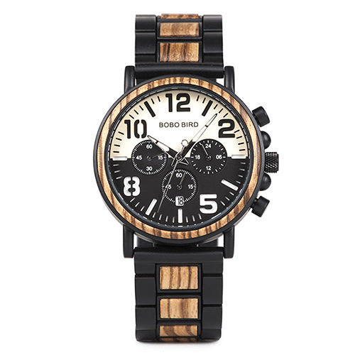 Wooden quartz watch three eye multi function men's Watch