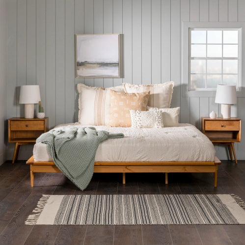 Mid-Century Modern Solid Wood King Platform Bed Frame Caramel