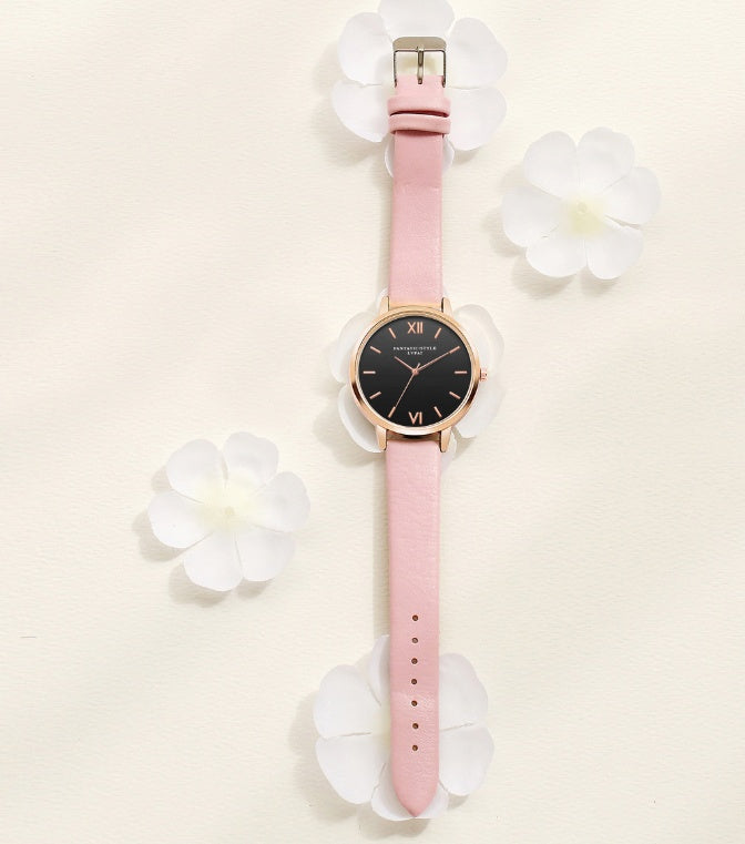 PU leather strap rose gold fashion casual fashion watch ladies black dial watch female models
