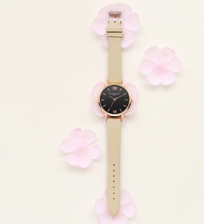 PU leather strap rose gold fashion casual fashion watch ladies black dial watch female models