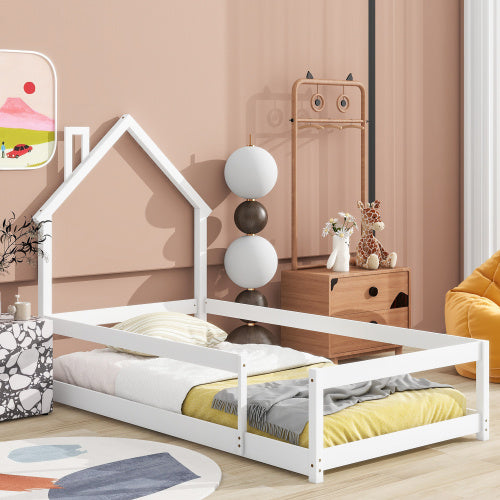 Twin Size Wood Bed With House-shaped Headboard Floor Bed With Fences,White