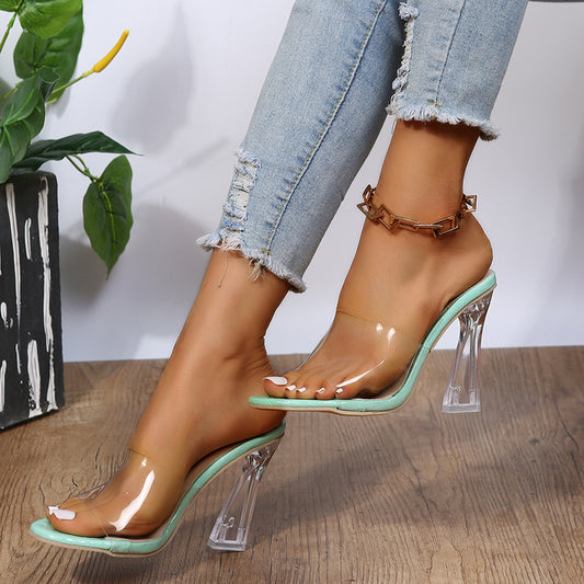 Transparent Mid-heel Crystal Toe High Heel Slippers