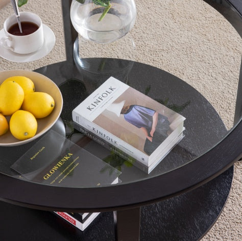Round Glass Topped Solid Wood Storage Coffee Table, Black