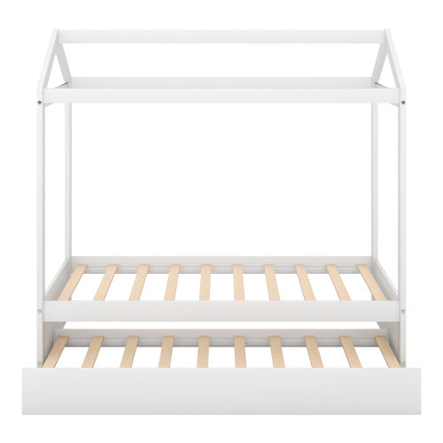 House Bed With Trundle, Can Be Decorated,White
